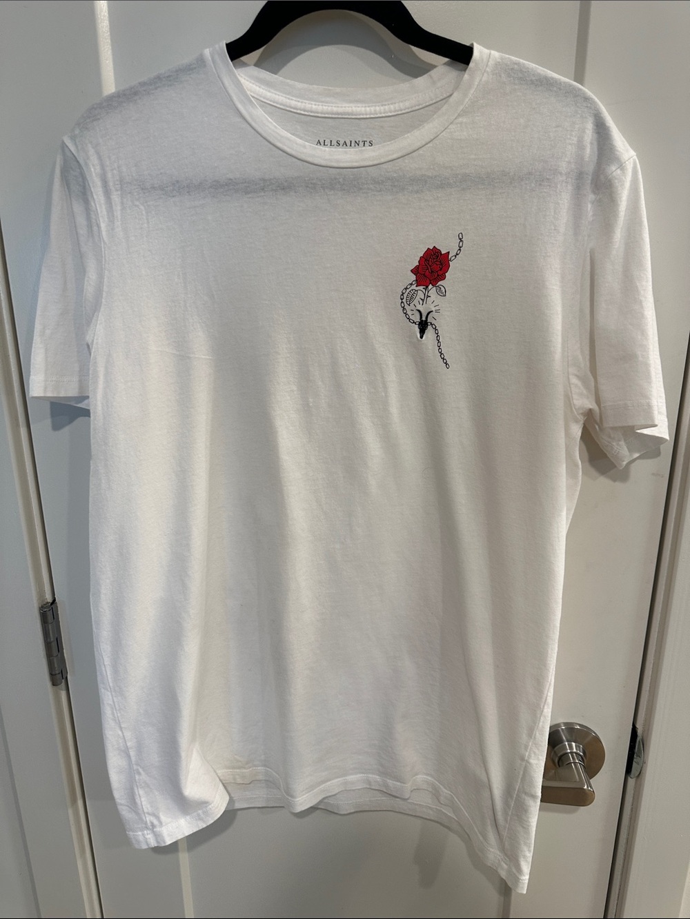 AllSaints White Short Sleeve Tee with Red Rose Motif